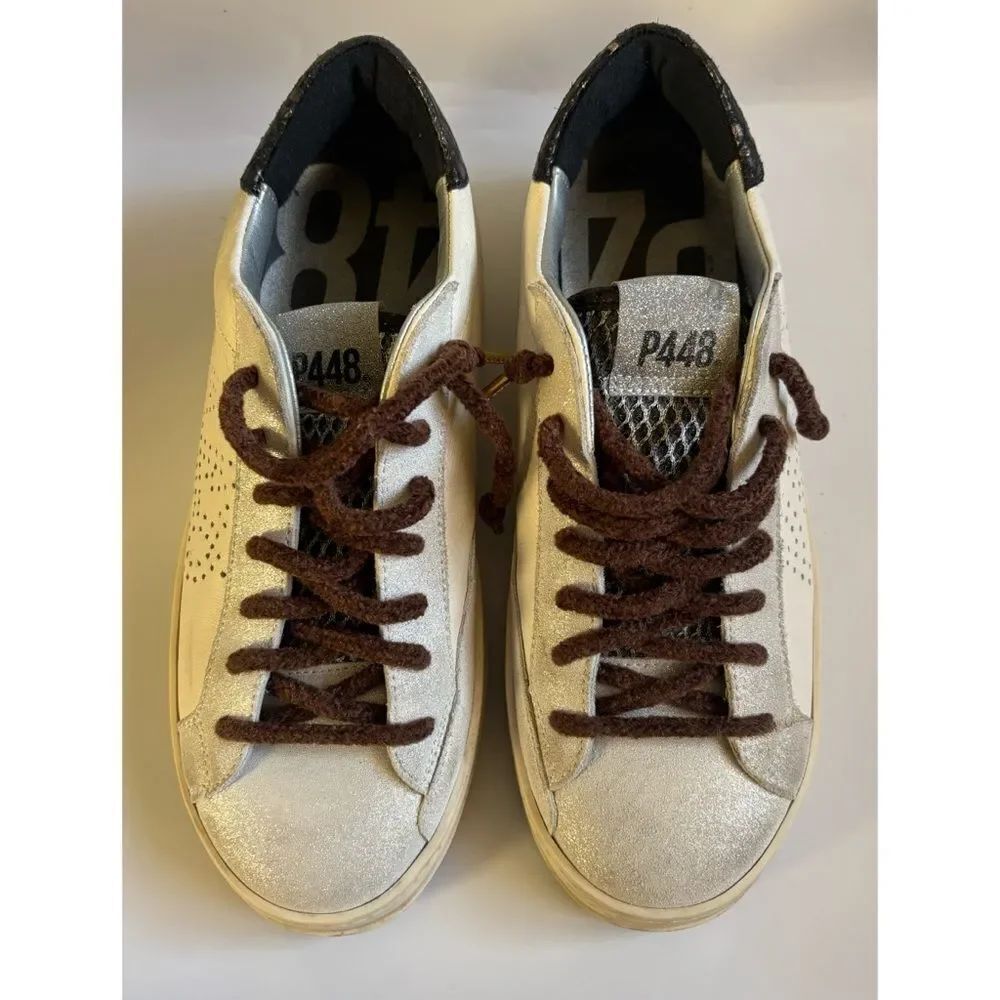 P448 You Can Surf Later Leather Sneakers ~ Dusty Silver ~ Size 38/8
